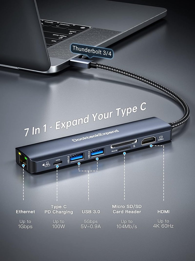 DockteckExpand USB C Hub Multiport Adapter, 7-in-1 Type C Hub with 4K 60Hz HDMI,1Gbps Ethernet,100W PD,2 USB 3.0 Ports,SD/TF Card Slots for MacBook Pro, MacBook Air, iPad Pro, Surface, Steam Deck - Image 2